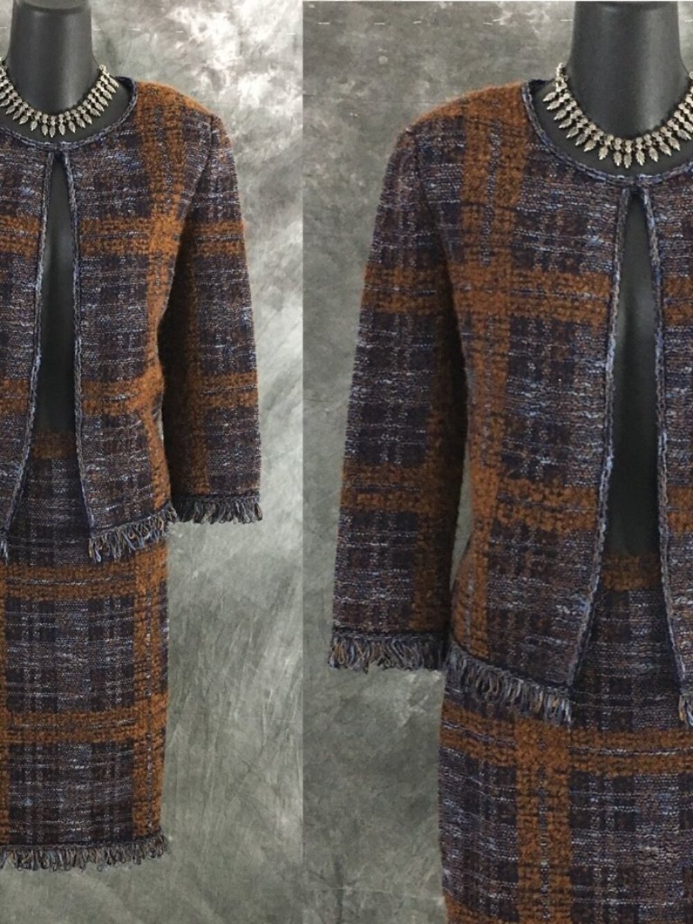 NEW BEAUTIFUL St John knit blue brown fringe multi jacket skirt suit size 4